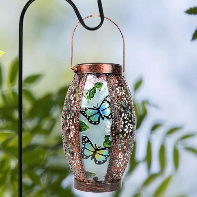 Butterfly Solar Lanterns Glass & Metal Hanging Lantern Outdoor Waterproof 16" H Tabletop Light with Hollowed-Out Design for Garden Patio Table Decor Mother's Day Gift by GreenHaven Gardens
