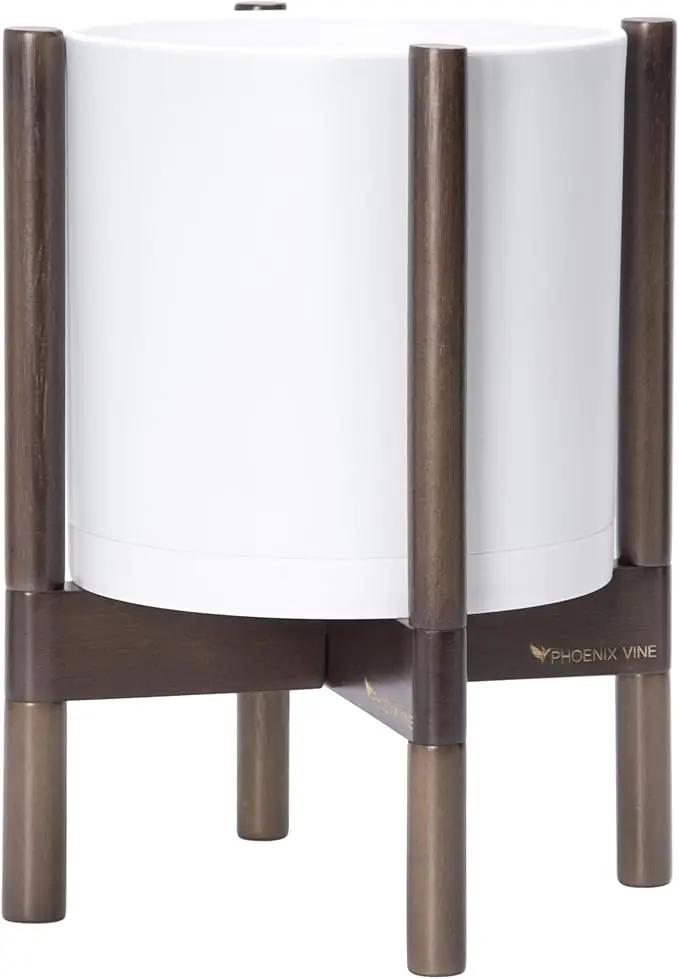 D'vine Dev Planter Pot with Stand - 10 Inch Plastic Cylinder Flower Pot with Wood Planter Holder for Indoor, Matte White Pot + Walnut Color Stand, 55-C-L-1 by GreenHaven Gardens