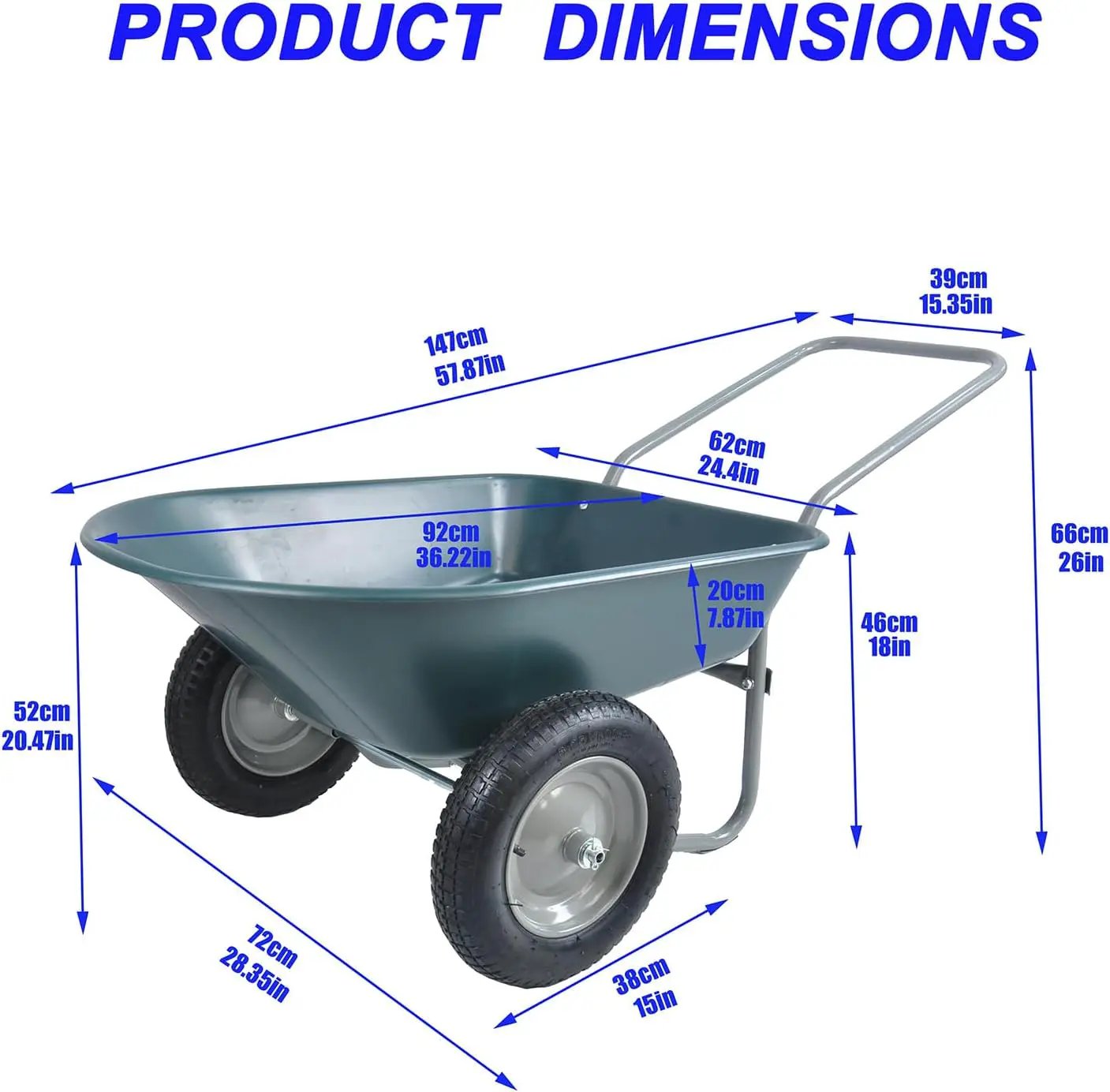 Dual Wheel Wheelbarrow, Heavy Duty Garden Cart, 300 lbs Capacity Utility Cart with Two 15 inches Pneumatic Tires for Outdoor Lawn Yard Farm Ranch (Green) by GreenHaven Gardens