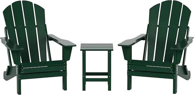 WO Home Furniture Adirondack Chairs Table Set of 3 PCS Outdoor Folding Chairs Side End Table Weather/UV Resistant for Lawn, Garden, Bon Fire, Balcony (Dark Green) by GreenHaven Gardens