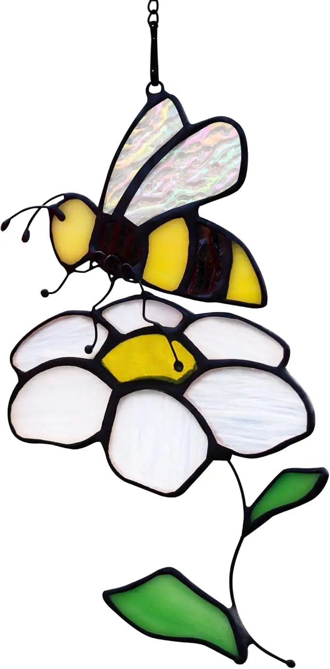 Bee Suncatcher Flower Stained Glass Window Hangings, Bee Decor Party Birthday Bee Gifts for Women,Bee Lovers, Housewarming Gifts. by GreenHaven Gardens