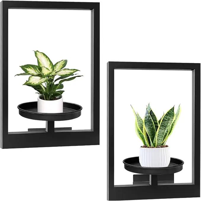 Picture Frame Plant Holder, Wall Mount Plants shelf Indoor Outdoor, Metal Hanging Planters Stand Decor, Window Planter Hanger Shelves, Modern Floating Ornament Rack Art for Home & Garden((Black 2pc)) by GreenHaven Gardens