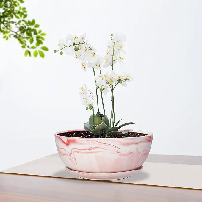 G EPGardening Large Ceramic Succulent Planter Pot with Drainage Hole and Saucer Large Marble Flower Pot for Plants Round Bonsai Planter Pot Indoor Outdoor Pink by GreenHaven Gardens