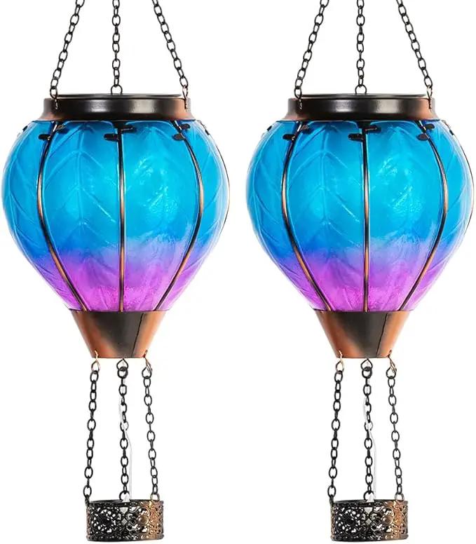 Starsoul 2 PC Blue Hot Air Balloon Solar Lantern with Flame Glass Hanging Outdoor Hot Air Balloon Solar Light Waterproof Garden Patio Yard Party Decorations by GreenHaven Gardens