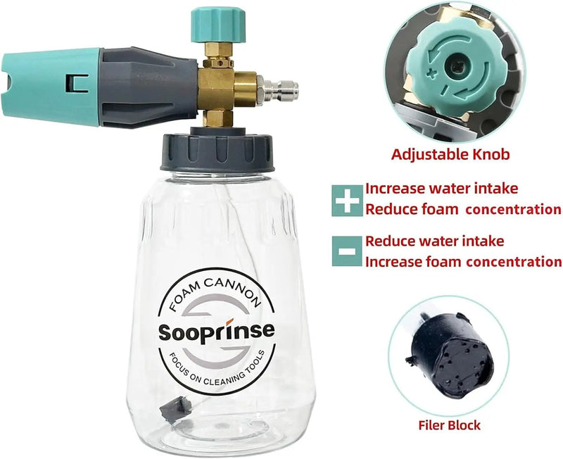 Sooprinse Foam Cannon, Adjustable Snow Foam Lance Transparent Body, Professional Car Foam Blaster with 1/4 Inch Quick Connector, 4000 PSI, 1L by GreenHaven Gardens