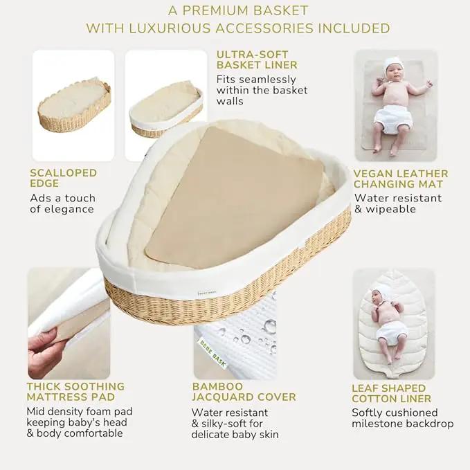 Bebe Bask Premium Baby Changing Basket - Artisan-Crafted Scalloped Rattan - Changing Basket for Baby Dresser - All Accessories Included - Complete Set for Nursery (Natural) by GreenHaven Gardens