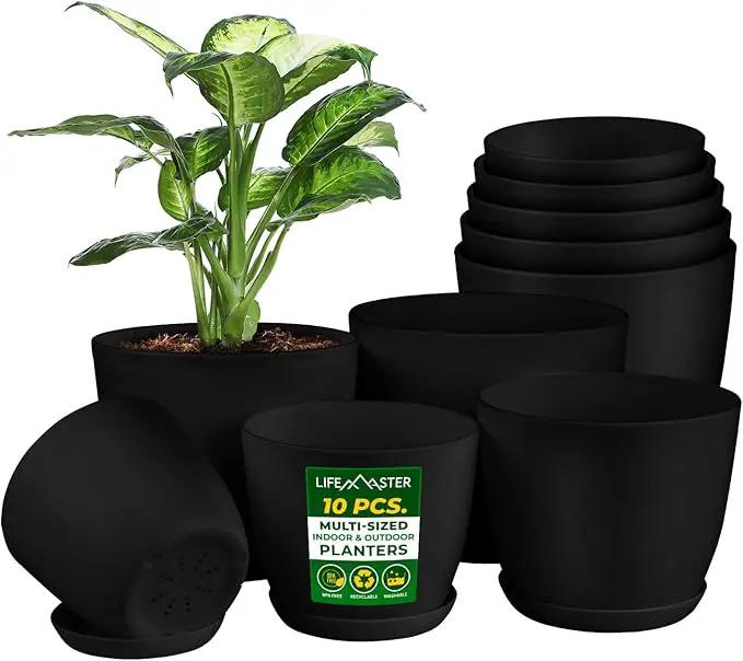 Plant Pots with Multi Drainage Holes - 10 Pieces Versatile, Sturdy Plastic, Stackable Design Home Decor Flower Pots for Indoor and Outdoor Gardening - Black by GreenHaven Gardens