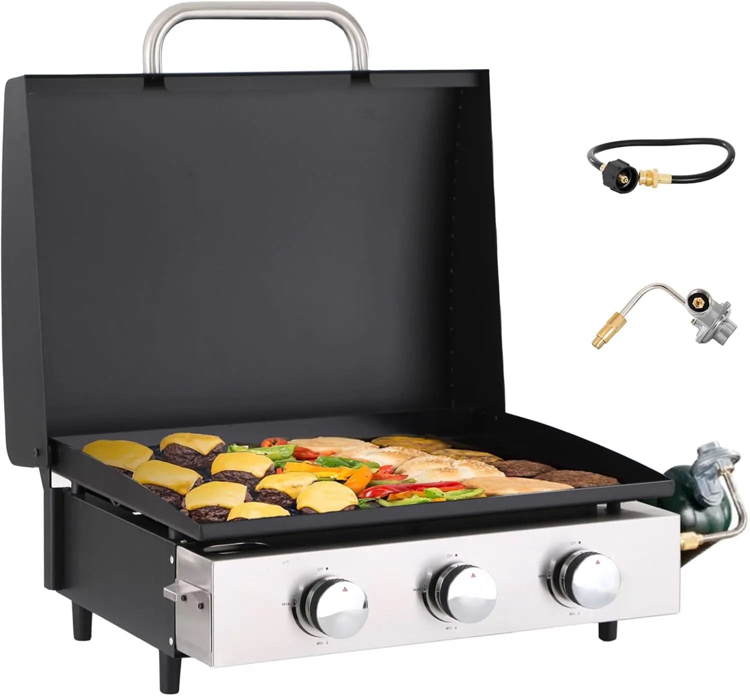 GREEN PARTY 22 inch Tabletop Griddle with Ceramic Coated Cast Iron Plate, 3 Burners Flat Top Griddle, Portable Propane Gas BBQ Grill Griddle for Kitchen Outdoor Cooking Barbecue Camping Tailgating by GreenHaven Gardens