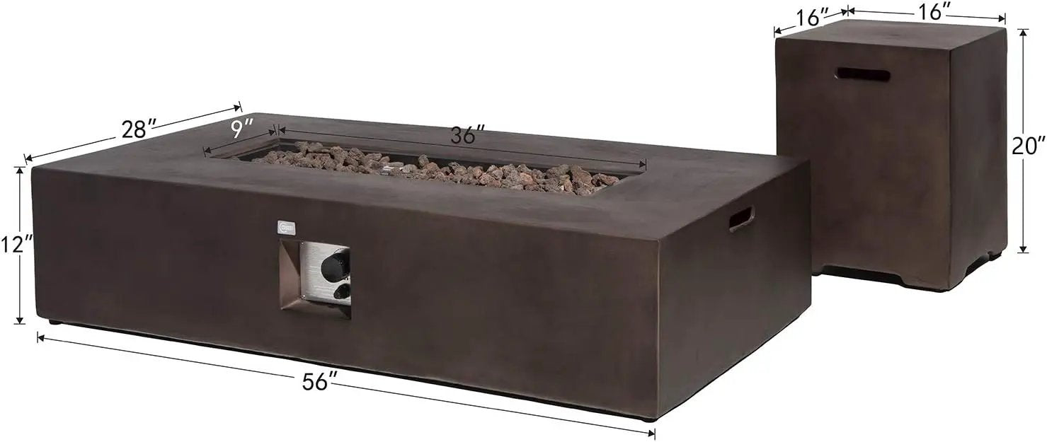 COSIEST 2-Piece Outdoor Propane Fire Table Set, Rectangle Concrete 56" x 28" Bronze Fire Pit (CSA Certified, 50,000 BTU) w 20lb Tank Table, Wind Guard, Waterproof Cover for Garden, Porch, Backyard by GreenHaven Gardens