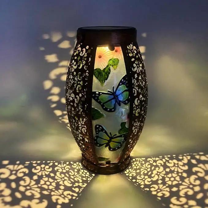 2PCS Butterfly Solar Lanterns Glass & Metal Hanging Light Outdoor Waterproof 16" H Tabletop Lamp with Hollowed-Out Design with Shepherd's Hooks for Garden Patio Table Decor by GreenHaven Gardens