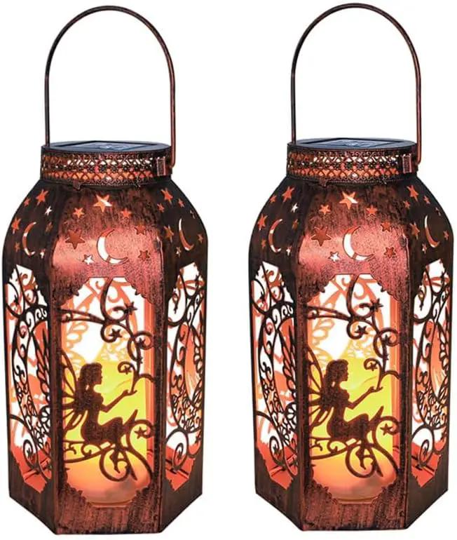 Solar Lanterns Outdoor Garden Hanging Lantern Waterproof LED Metal Bronze Moon Fairy Lantern Waterproof Flickering Flameless Candle Mission Lights for Table,Patio,Mother's Day Gift(2Pack) by GreenHaven Gardens