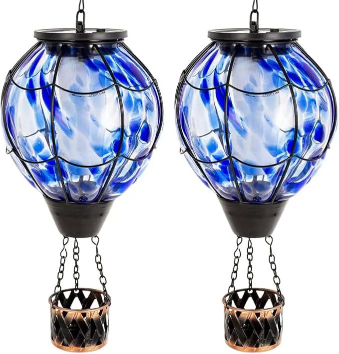 2PCS Solar Hot Air Balloon Lantern with Flickering Flame,Blue Glass Hot Air Balloon Solar Lanterns Outdoor Waterproof Hanging Decorative Light for Patio Porch Yard,Garden Gifts for Women by GreenHaven Gardens