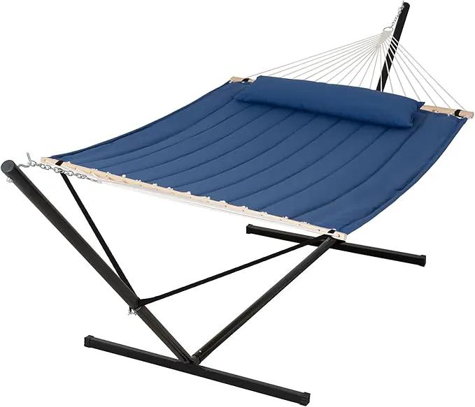SUNCREAT 2 Person Free Standing Hammock with 15 ft Stand, 475 lbs Capacity, Backyard Hammock with Stand, Navy by GreenHaven Gardens