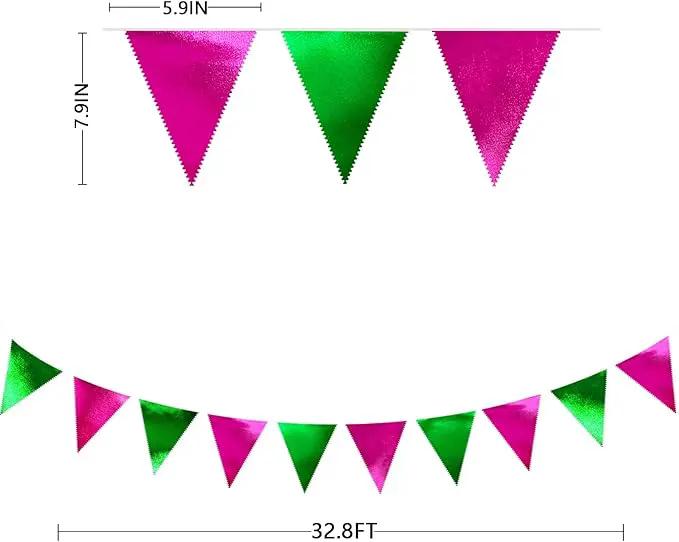 Pink and Green Party Decorations Metallic Hot Pink Light Green Fabric Triangle Pennant Banner Flag Bunting Garland for Witches Theme Birthday Wedding Baby Shower Engagement Bachelorette Party Supplies by GreenHaven Gardens