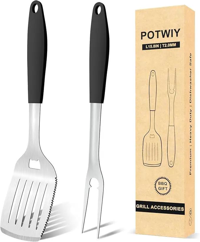 Grill Tools BBQ Accessories Set of 2, 15.8'' Heavy Duty Stainless Steel Grill Utensils with Grill Spatula and Fork, Full Tang Silicone Handle, Outdoor Grilling Tools Barbecue Accessories by GreenHaven Gardens