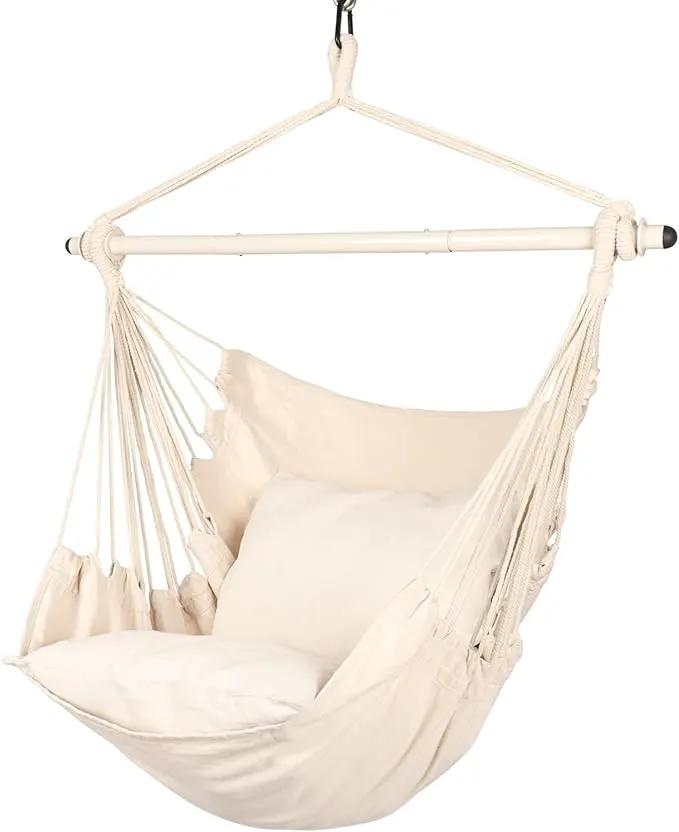 Highwild Hammock Chair Hanging Rope Swing - Max 500 Lbs - 2 Cushions Included - Steel Spreader Bar with Anti-Slip Rings - for Any Indoor or Outdoor Spaces (Beige) by GreenHaven Gardens