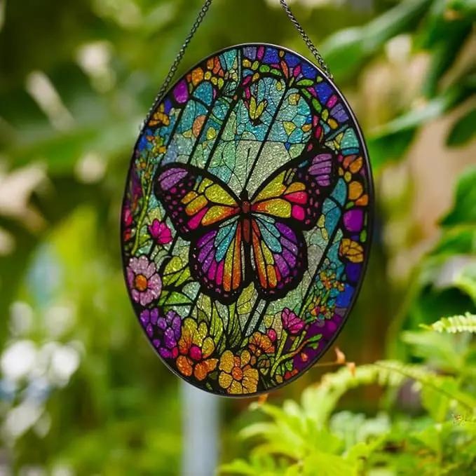 Butterfly Stained Glass Suncatcher Artistic Window Hanging,7.8” Hand-Painted Glass Panel Wall Home Decor,Gift for Women Garden Decor Suncatcher, BL009 by GreenHaven Gardens