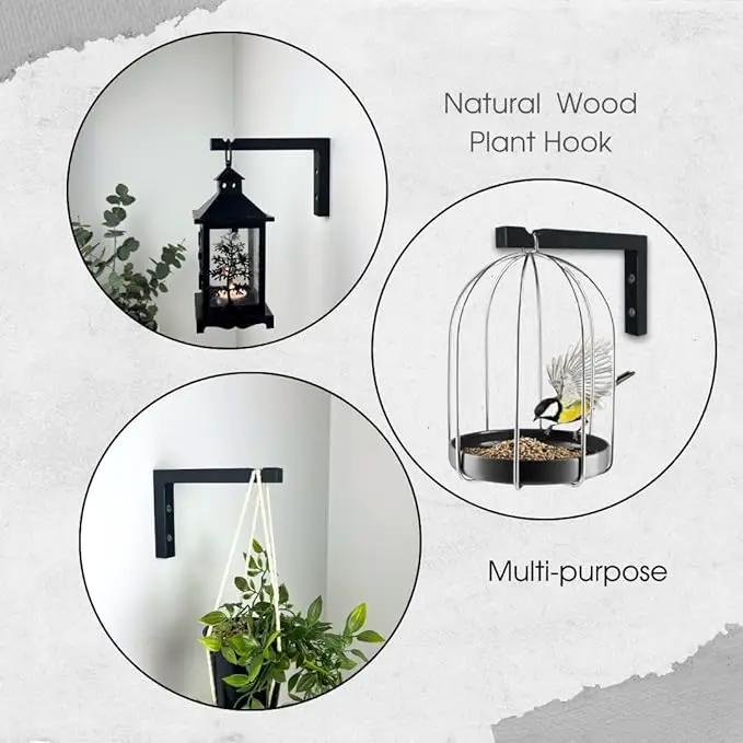 2-Piece Set of Plant Hooks for Wall 6 Inch - L-Shaped Mounted Wooden Plant Hook - Indoor and Outdoor Bracket Plant Hanger for Planters, Lanterns, Bird Feeders and Plant Basket (Black) by GreenHaven Gardens