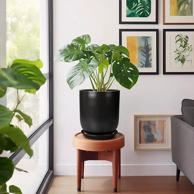 Ceramic Planter 10 Inch - Ceramic Pot for Indoor Plants Outdoor Plant Pot with Drainage Hole and Saucer Cylinder Flower Pot Black by GreenHaven Gardens