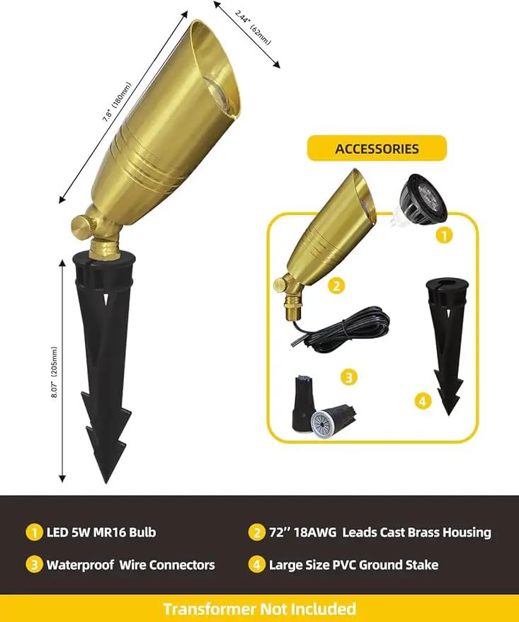 COLOER Die-cast Brass Landscape Spotlight 10-Pack with 5W Aluminum Housing LED MR16 Bulb,12V AC/DC Low Voltage Copper Outdoor Lighting, Directional Garden Patio Spot Up Light (102B Brass Finish) by GreenHaven Gardens