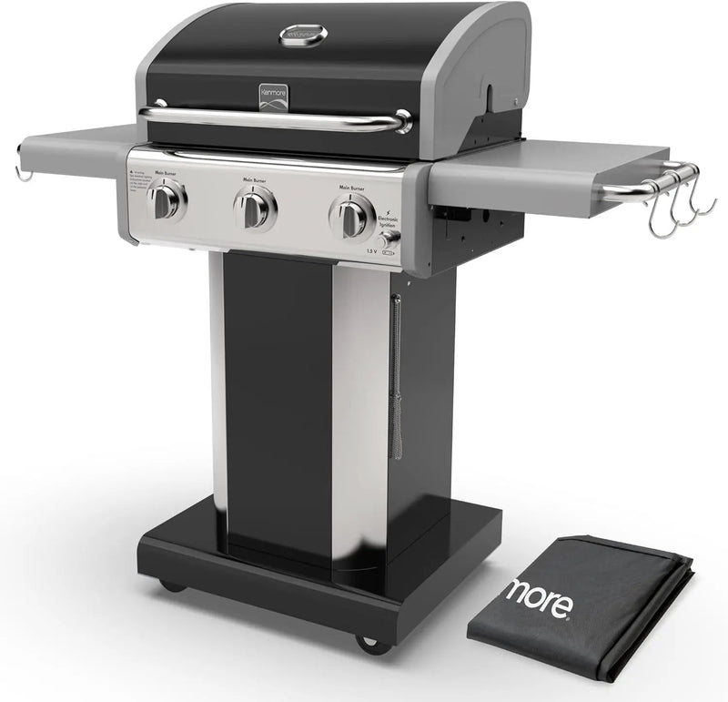 Kenmore 3-Burner Propane BBQ Grill, 30,000 BTUs Gas Grill with Cast Iron Cooking Grates, Folding Side Tables & Wheels, Outdoor Grill with Tool Hooks, Black + Bonus Cover by GreenHaven Gardens