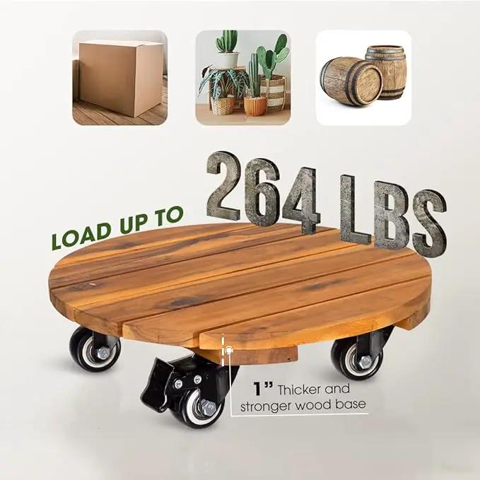 Idzo 2-Pack 14 Inch Acacia Wood Rolling Round Plant Caddy, Plant Caster for Heavy Duty Plant Stand with 360° Lockable Wheels, 264 lbs Capacity Caddy for Indoor and Outdoor Use, Natural Wood by GreenHaven Gardens