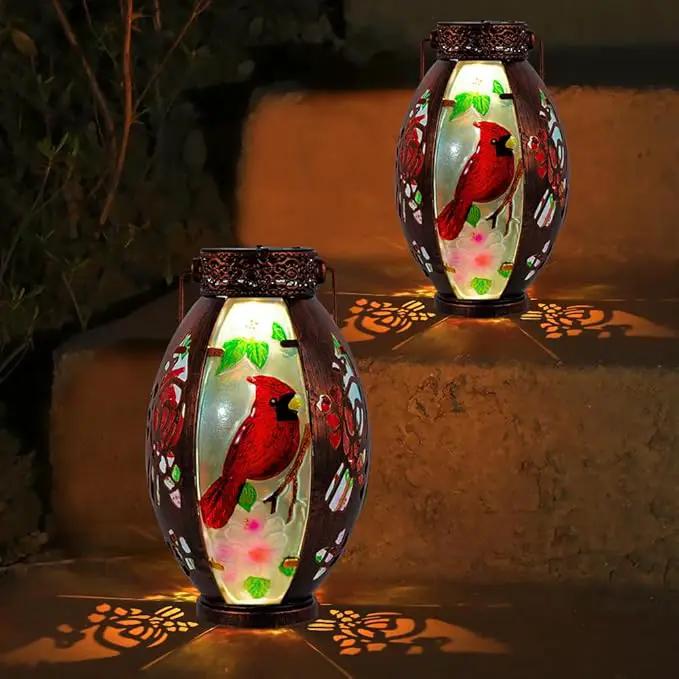 Starsoul 2 PC Cardinal Outdoor Solar Lantern Cardinal Solar Light Waterproof Tabletop Lamp with Hollowed-Out Design for Yard Patio Garden Pathway by GreenHaven Gardens