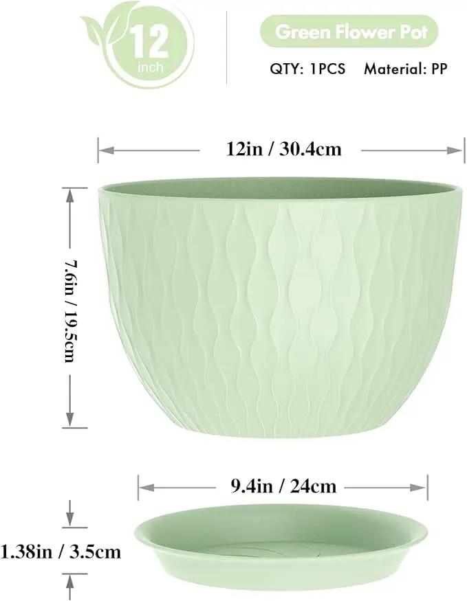 12 Inch Large Plant Pots for Indoor or Outdoor Plants, Wide Water Ripples Flower Pots with Drainage Holes & Saucer, Plastic Planters Set for Garden & Home Decor (Green) by GreenHaven Gardens
