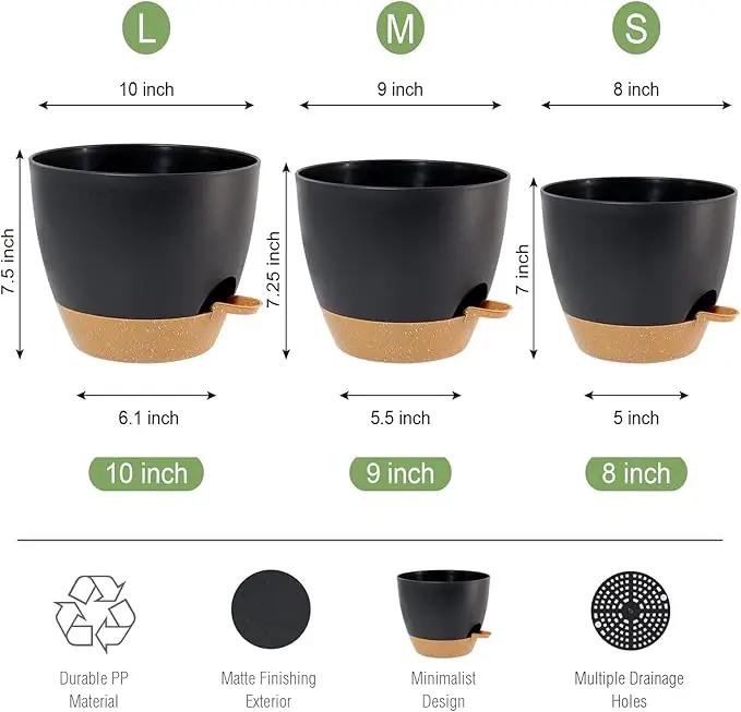 10/9/8 inch Self Watering Pots, Set of 3 Plastic Planters with Mesh Drainage Holes and Deep Reservoir for Indoor Outdoor Garden Plants and Flowers, Black with Brown by GreenHaven Gardens