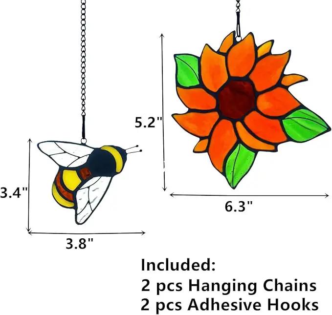 2 Packs Sunflower Gifts for Mom Grandma, Honey Bee Sunflower Stained Glass Window Hanging, Sun Flower Suncatcher for Window, Bee Themed Gifts for bee Lovers by GreenHaven Gardens