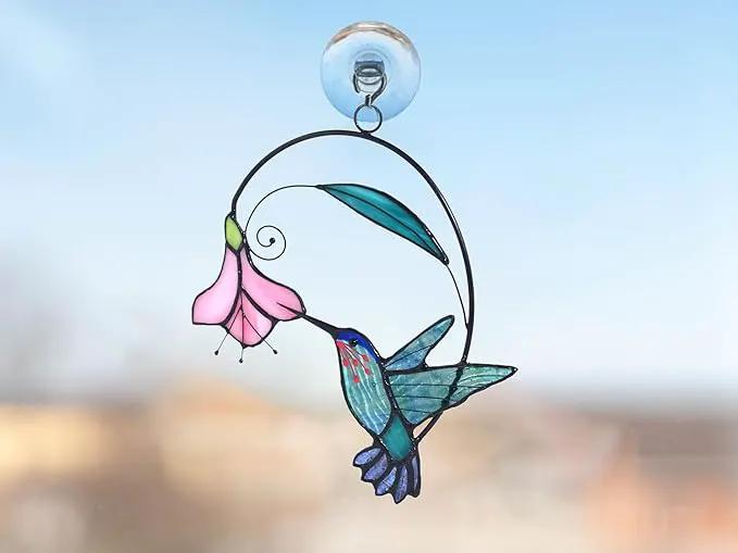 Lolitarcrafts Stained Glass Hummingbird Window Hangings with Flowers, Bird Stained Glass Suncatcher for Window Decor Hummingbird Gifts for Mom,Bird Lovers (Blue with Flower A) by GreenHaven Gardens