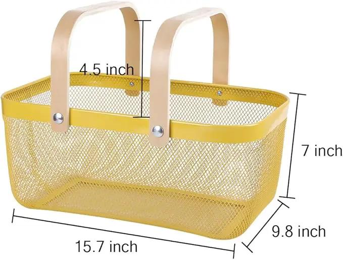 Portable Mesh Harvest Basket - Natural Bamboo Handle Foldable Organizer for Kitchen, Garden & Picnic | Ventilated Storage Bin with Rust-Proof Wire, Space-Saving Farmhouse Decor (Lemon Yellow) by GreenHaven Gardens