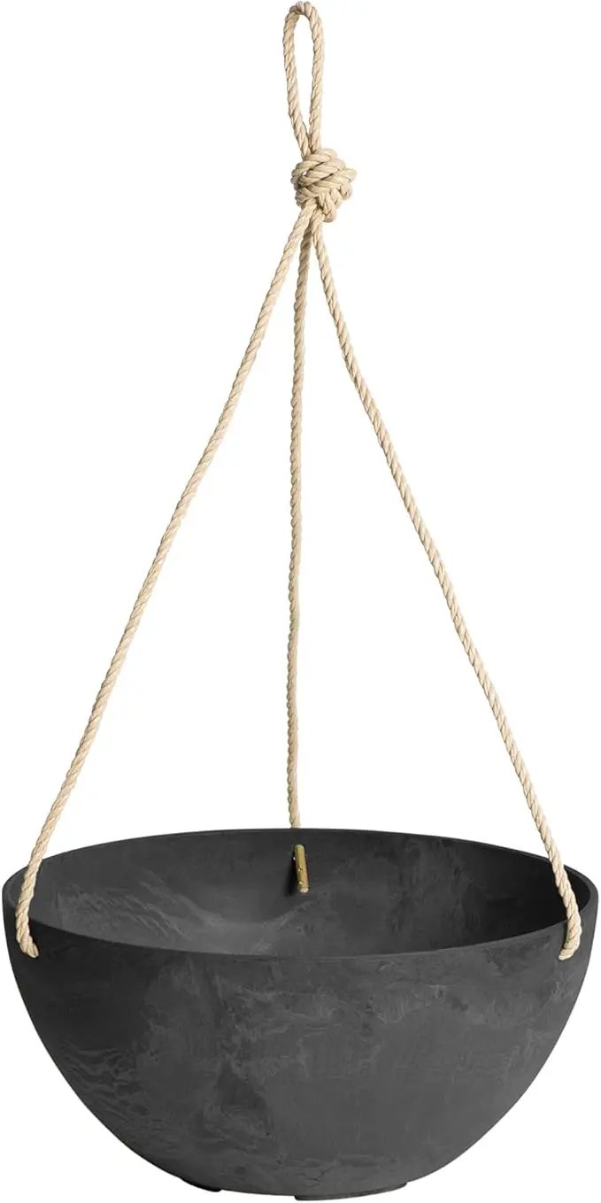 Root & Vessel Self Watering Hanging Planter for Indoor or Outdoor Plants, Unique Marbled Hanging Basket Made of Eco-Friendly Blend of Stone & Plastic, Black, 10" by GreenHaven Gardens