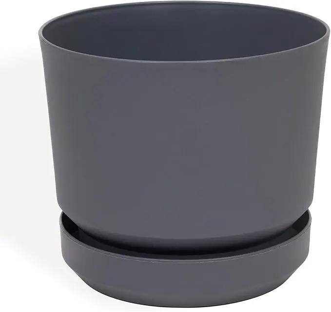 Elly Décor 14 inch Plastic Cylinder Planter Pot with Self-Watering Saucer and Drainage Hole,Lightweight & Extremely Durable, 14"x 14", Gray by GreenHaven Gardens