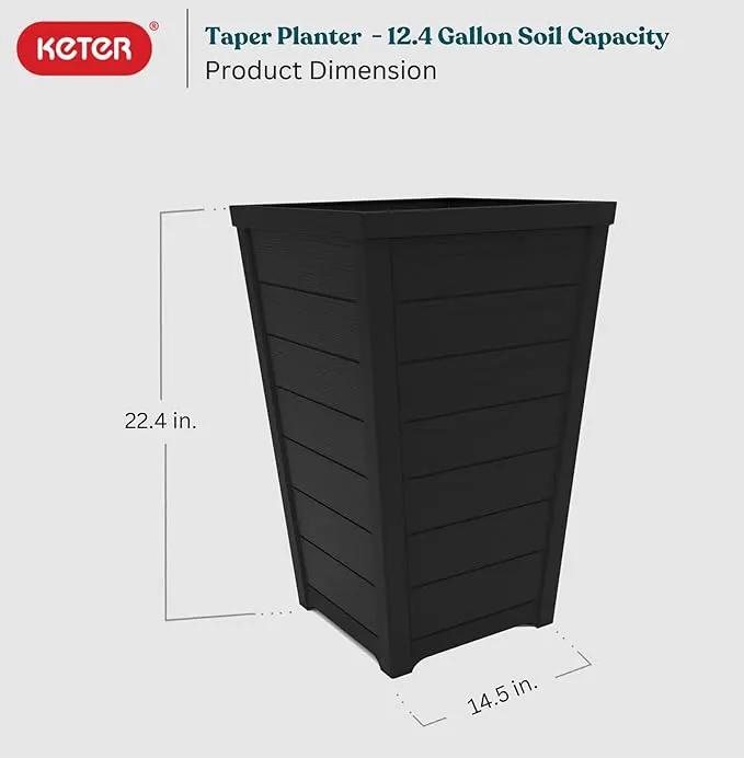Keter Set of 2 Resin Modern Outdoor 22 Inch Tall Large Flower Pots, Tapered Wood Look Planters for Outdoor Plants and Front Porch Decor, Graphite by GreenHaven Gardens