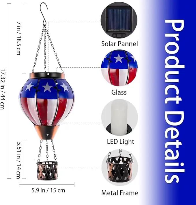 Hot Air Balloon Outdoor Lantern with Flickering Flame, Handmade Glass Solar Lantern with Flag Pattern Waterproof Lantern Lamp for Patio, Garden, Porch by GreenHaven Gardens