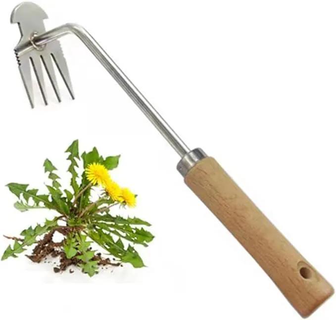 Weed Removal Tool, 2025 New Garden Weeding Tools Manganese Steel Hand Weeder Tool with Handle, 4 Teethes Dual Purpose Manual Weeders Tool Weed Pulling Tool for Garden (Wooden Handle) by GreenHaven Gardens