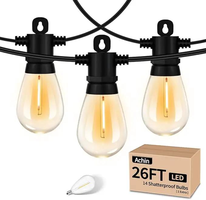 Achin 26FT LED Outdoor String Lights, Patio Lights Waterproof with 13+1 S14 Edison Shatterproof Bulbs, 2200K Dimmable Outside Hanging Lights, String Lights for Outside Backyard Bistro Market Pergola by GreenHaven Gardens
