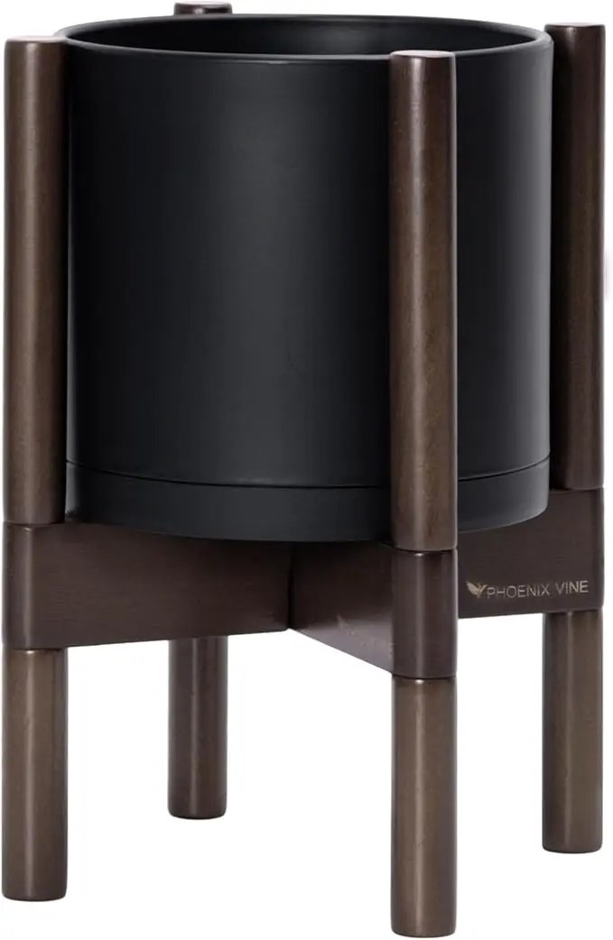D'vine Dev Planter Pot with Stand - 8 Inch Plastic Cylinder Flower Pot with Wood Planter Holder for Indoor, Matte Black Pot + Walnut Color Stand, 55-C-I-2 by GreenHaven Gardens