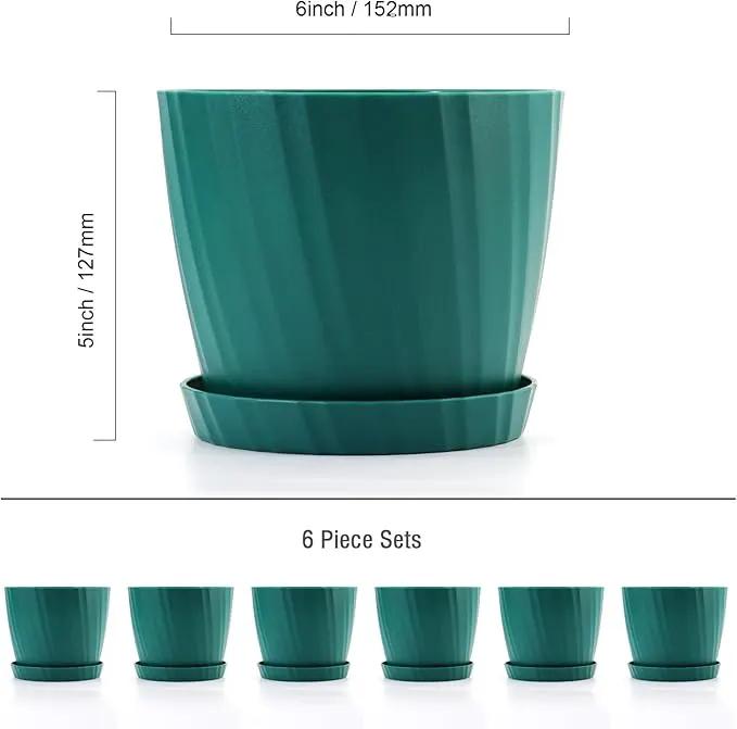 6 Inch Plant Pots Bulk, 6 Pack Plastic Planters with Drainage Holes and Saucers for Indoor Outdoor House Plants and Flowers, Green by GreenHaven Gardens