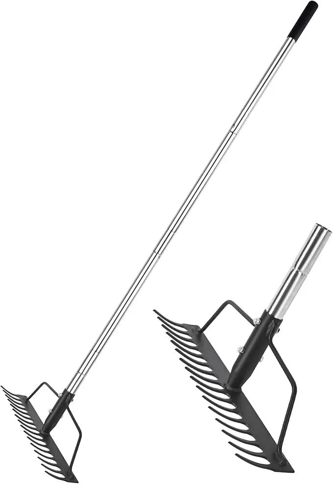 15 Inch Wide Bow Rake, 16 Steel Tines Metal Head Rake Tool with Stainless Steel Handle, Adjustable Long Handle Garden Rake for Loosening Soil Leveling Mulch Gathering Lawns Leaves by GreenHaven Gardens