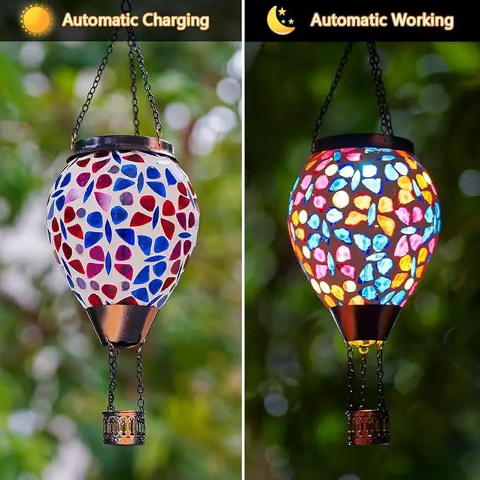 DREAMSOUL Butterfly Mosaic Hot Air Balloon Solar Lantern Hanging Glass Decorative LED Light Solar Lanterns Outdoor Waterproof by GreenHaven Gardens