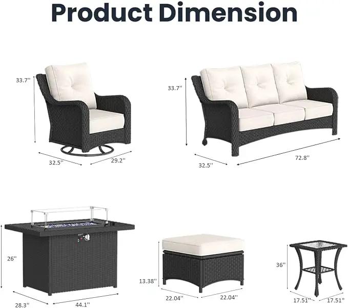 8 Pieces Outdoor Patio Furniture Sets with Rocking Swivel Chairs with 6-inch Thick Cushion and Fire Pit Table for Deck Lawn by GreenHaven Gardens