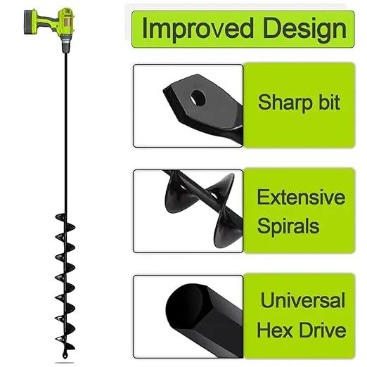 TCBWFY 2x32 Inch Auger Drill Bit for Planting - Long Handle Easy Planter Garden Auger - Bulb & Bedding Plant Augers - Post Hole Digger for 3/8”Hex Drive by GreenHaven Gardens