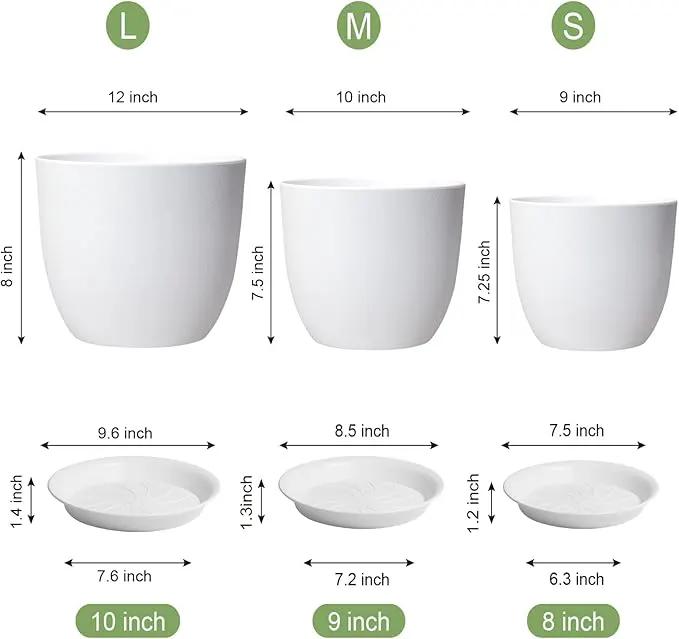 12/10/9 Large Modern Plant Pots, Plastic Planters with Drainage Holes and Saucers for Indoor Outdoor Plants Flowers, White by GreenHaven Gardens