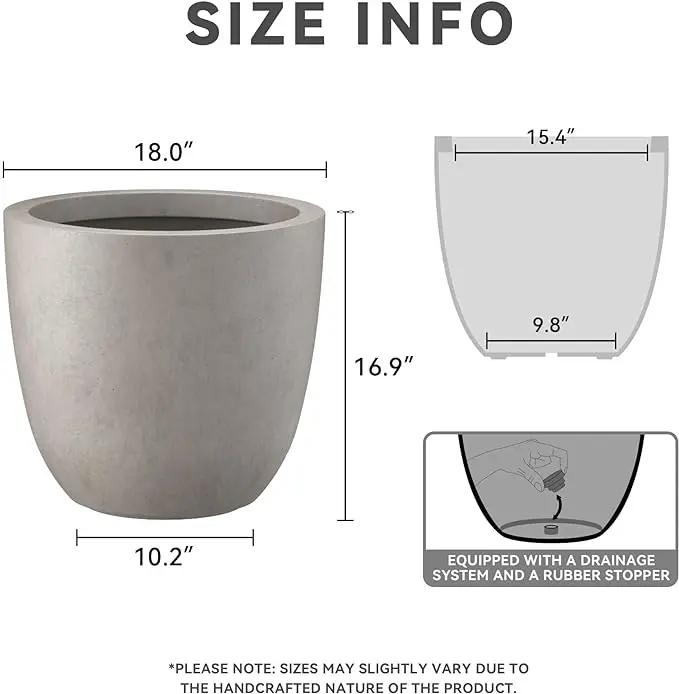 Kante 18 Inch Diameter Round Concrete Planter, Indoor Outdoor Large Plant Pot with Drainage Hole and Rubber Plug for Home Patio Garden, Buff Concrete by GreenHaven Gardens