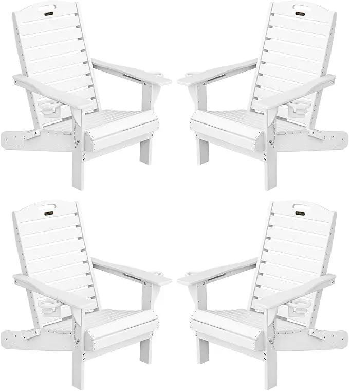 Adirondack Chairs Set of 4, Outdoor Fire Pit Chairs, HDPE All-Weather Adirondack Chairs with Cup Holder, Lawn Chair for Deck, Patio, Garden (White) by GreenHaven Gardens