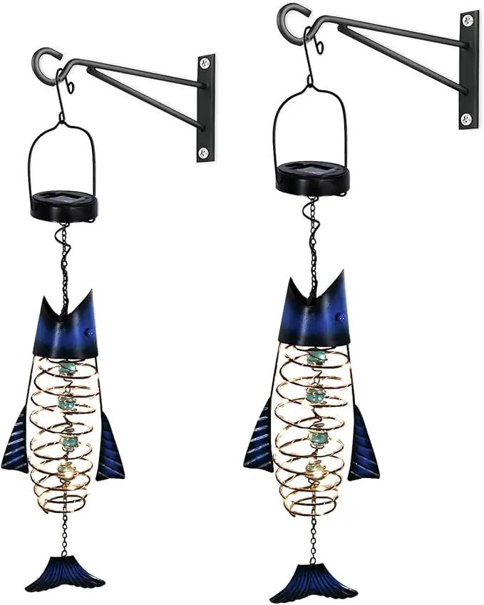 HONGLAND 2 Pack Solar Lantern Outdoor - Metal Fish Hanging Decoration - Waterproof Warm LED Lights Outside - Unique Gifts for Garden Man Women Holiday Days, Birthdays, Attractive Addition to Yard Art by GreenHaven Gardens