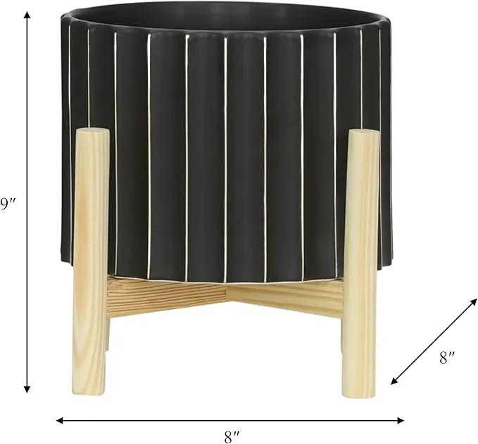 Sagebrook Home 8" Ceramic Planter - Black Planter Elevated on Wooden Stand with Fluted Design - for Indoor or Outdoor Plants, Great Gift Idea for Plant Lovers by GreenHaven Gardens