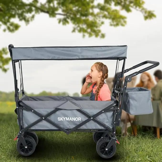 SKYMANOR Collapsible Wagon with Removable Canopy, 3-in-1 Heavy Duty Garden Cart with Big All-Terrain Wheels, Brakes, Adjustable Push Pull Handle, Cooler Bag, 300LBS Wagon Cart for Camping (Grey) by GreenHaven Gardens